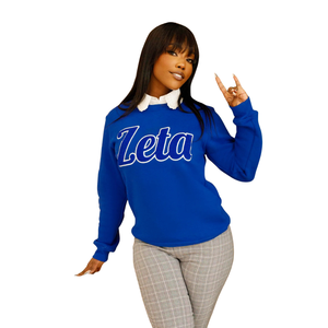 Zeta Chenille Sweat Coton Polaire Sororité Vêtements Brodé Zeta Phi Beta Bleu Pull Crewneck Top pour Femme - Product Image 1