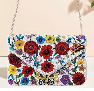 Butterflies And Sunny Skies Floral Beaded Crossbody Clutch Bag