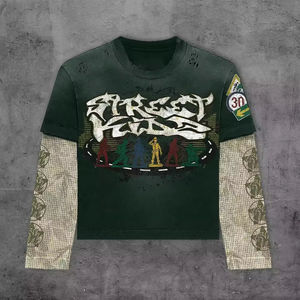 Camiseta de manga larga de doble capa informal de fabricantes personalizados para hombres, camisetas de manga larga lavadas con ácido Vintage desgastadas para hombres - Product Image 3