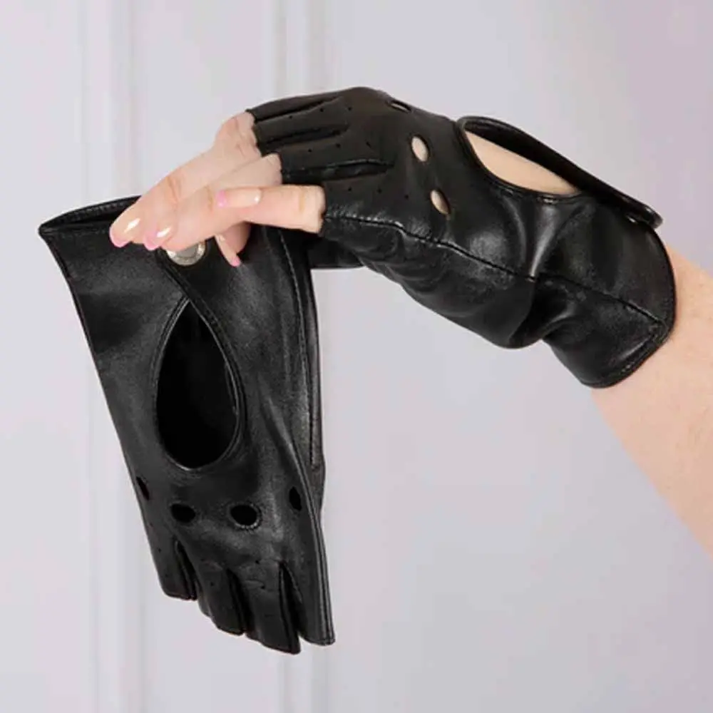 Style Half Finger PU Leather Performance Gloves Hollow out Fingerless Gloves Black Half Fingers Gloves