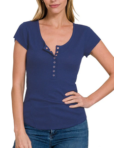 Trendy and Unique Casual <b>Waffle</b> Snap Button Embellished Split Neck Cap Sleeve cozy & relaxed fit women T <b>shirt</b> - Product Image 5