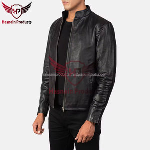 <b>Mens</b> Real Black Leather <b>Jacket</b> Stand Collar Full Zip Side Pockets Sheepskin Biker Coat Custom Minimalist Winter Outerwear - Product Image 3