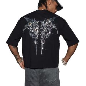 Camisetas al por mayor personalizadas para hombre, de algodón grueso, con estampado vintage, lavado ácido, con pedrería y diamantes de imitación, estilo boxy y corte cropped. - Product Image 4