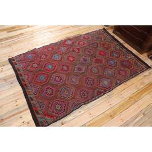 พรมคิลิมตุรกี ขนาด 5.4x7.9 ฟุต สีแดงน้ำเงิน ลายต้นไม้และพืช พรมขนสัตว์วินเทจ - Product Image 2