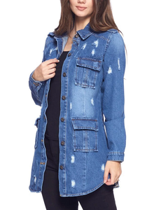 "Veste en jean longue pour femme | Manteau en jean déchiré à la mode avec poches Vêtements d'extérieur décontractés en denim surdimensionnés Veste en jean boutonnée élégante" - Product Image 4