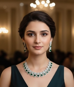 A beautiful emerald regal halo necklace & earrings set made of emerald <b>Green</b> Oval Cut Stones - Product Image 1