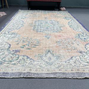 Alfombra Turca Vintage, Alfombra de 6x9.4 pies, Alfombra de Lana con Diseño Floral Azul y Marrón - Product Image 2