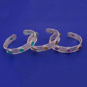 Natural Gemstone Oval Cabochon Geometric Bezel Set Open Cuff Brass Silver/<b>Gold</b> <b>Plated</b> Handmade Textured Stone Adjustable <b>Bangle</b> - Product Image 1