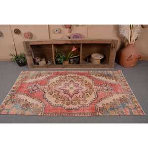 Alfombra turca vintage roja y beige de 3,6x6,7 pies, diseño de retazos de lana de área grande para pasillo, dormitorio, forma rectangular, respaldo de látex - Product Image 4