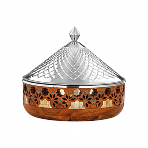 Diseño de olla caliente de lujo, que presenta una combinación única de acero inoxidable y madera, adornada con intrincados tallados en madera y MOP. - Product Image 1