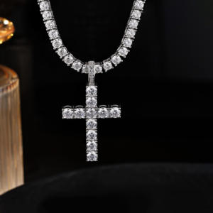 Hip Hop Style 925 <b>Sterling</b> <b>Silver</b> Gold Plated Round Brilliant Cut Diamond Tennis Chain <b>Cross</b> Pendant Men's Necklace - Product Image 1