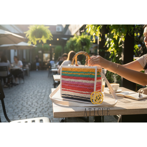 Handmade Designer <b>Tote</b> for Women 12x6x11 Inch Rectangular Cotton <b>Raffia</b> Crochet Handbag Wooden Handle Flower Decoration - Product Image 1