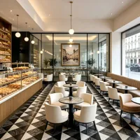 Ensemble de mobilier de restaurant de luxe sur mesure, table à manger avec 4 chaises, canapé en cuir beige pour boulangerie-pâtisserie