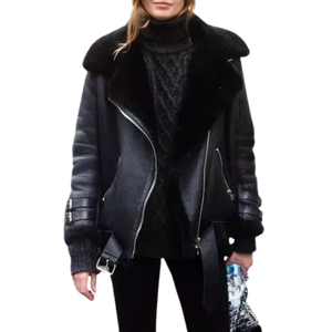 Chaqueta de piel de oveja negra de primera calidad para mujer, abrigo superventas, ropa de calle, chaqueta Bomber elegante para mujer - Product Image 1