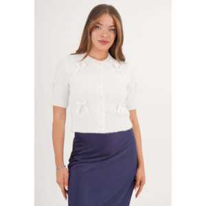 Wholesale Short Sleeve <b>White</b> Bow Ribbon Knitted <b>Cardigan</b> for <b>Women</b> - Product Image 3