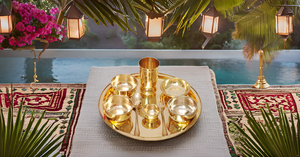 Indian Traditional Dinner Set Handcrafted Brass Thali Plate Bowls with Glass Spoon Beautiful Tableware Gift for Dinner - Product Image 4