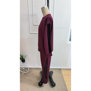 Ensemble deux pièces pour femme, chemisier à manches longues, col rond, détails en tulle, viscose, deux fils, et pantalon, 37521 - Bourgogne - Product Image 6