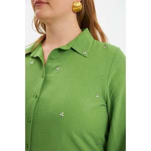 RMG Plus Size Green Stone Detail Woven Polyester Shirt for Women - Elegant Casual Long Sleeve Blouse <b>Top</b> - Product Image 6