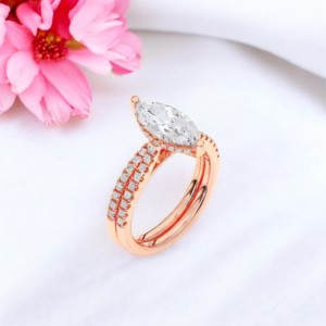 Anillo de compromiso de diamante de corte redondo y marquesa cultivada en laboratorio de 2,56 quilates con banda a juego Unisex 10K/14K/18K oro sólido - Product Image 3