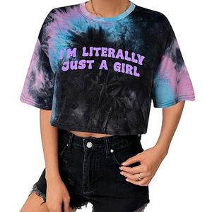 OEM diseño de las mujeres de manga corta Tie Dye Crop Top cuello verano transpirable camiseta de gran tamaño de secado rápido Patchwork borla Sexy - Product Image 1
