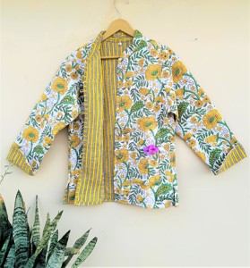 Chaqueta amarilla Floral multicolor estilo bohemio chaquetas de invierno hechas a mano bloque impreso algodón Abrigo acolchado regalo de cumpleaños para ella - Product Image 4