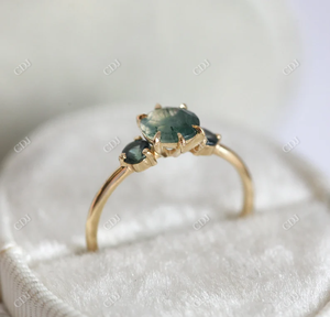 Dainty <b>Ring</b> <b>Green</b> Moss Agate <b>Rings</b> for Women 925 Sterling Silver Gemstone Round Moss Agate Engagement Fine Jewelry Three Stone - Product Image 5