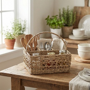 Organisateur de couverts en jonc de mer avec poignée, support naturel pour ustensiles de cuisine, vente en gros - Product Image 1