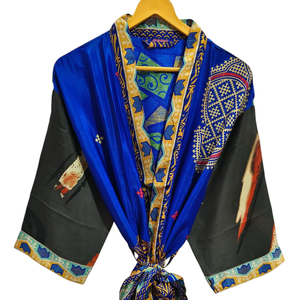 Bridal Robe Light Weight Silk Robe For <b>Woman</b> Night Wear Long Robe, Floral Print Indian Vintage Recycled Silk Sari <b>Kimono</b>, - Product Image 1