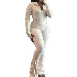 Ensemble de survêtement rétro brodé 2 pièces pour femme, décontracté, hiver, avec sweat à capuche zippé et pantalon évasé coupe bootcut, couleur unie, style athleisure - Product Image 4