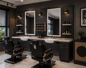 Mueble Moderno de Madera Negra para Salón de Belleza o Barbería con Lavabo, Estantes de Almacenamiento y Espejo Doble, Mobiliario Comercial - Product Image 3