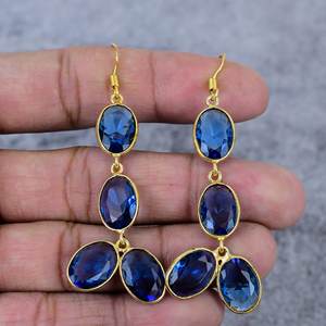 ต่างหูควอตซ์สี่พลอย tanzanite 925เงินแท้ต่างหูทำด้วยมือชุบทองต่างหูรูปไข่ห้อยสำหรับผู้หญิง - Product Image 2