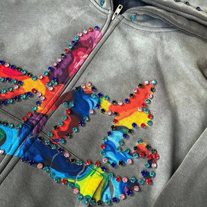 Chaqueta de invierno personalizada con diamantes de imitación para hombre, ropa de calle de cristal, parche con apliques holgados de gran tamaño, sudadera vaquera con cremallera, 100% de algodón - Product Image 2