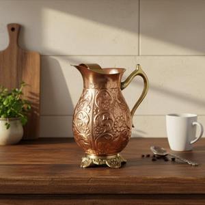 Carafe artisanale écologique en cuivre ayurvédique avec poignée en laiton et gravures florales, capacité 1,0 L, pour la maison, la cuisine et la salle à manger - Product Image 3