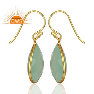 Fabricants de boucles d'oreilles pendantes en argent sterling plaqué or 18 carats avec pierre précieuse en calcédoine aqua naturelle - Product Image 3
