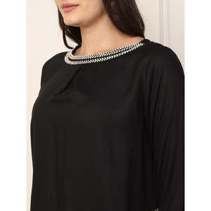 Deebaco Ensemble coordonné 2 pièces noir uni pour femme, col rond, manches 3/4, coupe ample, haut long décontracté avec pantalon, bordure perlée, toutes saisons - Product Image 2