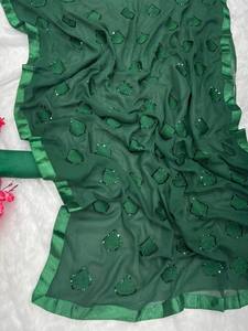 Última pesada Georgette bordado Saree exclusivo Zari secuencia trabajo elegante indio tradicional nupcial boda fiesta desgaste invierno - Product Image 4