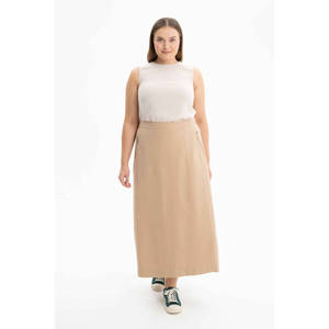 Falda Lápiz Recta Beige con Cierre Lateral, Cómoda y Transpirable, Tejido de Seda y Algodón - Product Image 1