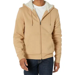 Men's Beige <b>Sherpa</b> <b>Lined</b> Hooded Zip Up Sweatshirt Regular Fit Casual Fleece Hoodie With Front Pockets Autumn Winter Wear 2027 - Product Image 3