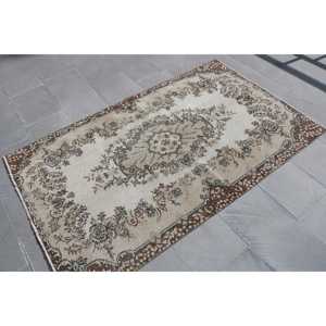 Turkish Accent Rug 3.7x6 ft, Vintage <b>Brown</b> Polka dot <b>Wool</b> Rug - Product Image 2
