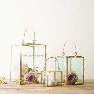 Geometric Shape Brass & Glass <b>Candle</b> Lantern for Wedding & Christmas Decorative Gold <b>Candle</b> Lantern With Handle - Product Image 2