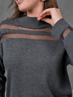 Suéter Gris de Cuello Alto para Mujer, Manga Larga, Tejido Sólido con Paneles Transparentes, Elegante para Otoño