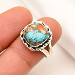 Vente chaude 925 Sterling Silver Bohemian Style Déclaration Anneau Spiny Oyster Cuivre Turquoise 10mm Coussin Forme pour les Fêtes - Product Image 1