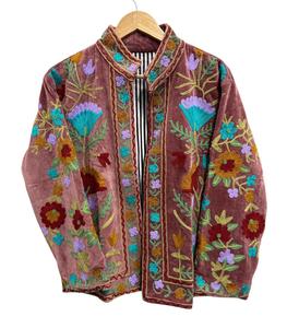 Veste régulière en tissu Suzani en velours, écologique, coupe-vent, broderie florale, faite à la main, doublure en coton, col montant, unisexe, hiver - Product Image 1