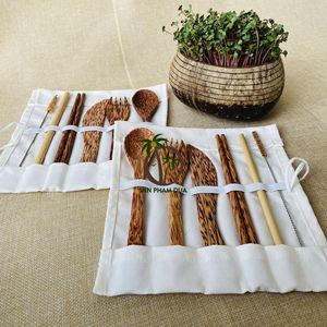COCONUT CUTLERY <b>SET</b> RESEUSABLE <b>WOODEN</b> FORK <b>SPOON</b> KNIFE CUTLERY <b>SET</b> COCONUT <b>WOODEN</b> CLOTH BAG COCONUT RAMEN CUTLERY <b>SET</b> - Product Image 5