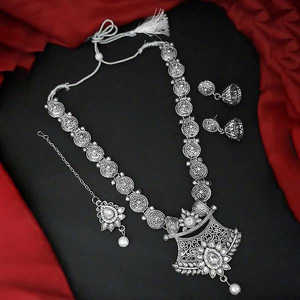Kriaa Fine Jewelry Set <b>Silver</b> <b>Plated</b> White Stone and Kundan Necklace with Maang Tikka 1109877 Model - Product Image 1