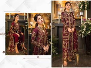 Maroon Georgette Traje semicosido con Dupatta pesado Bordado muy pesado Dori Work Hermosa ropa india y pakistaní - Product Image 2