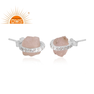 Mejor Venta de plata esterlina cuarzo rosa natural y topacio blanco piedra preciosa Stud pendiente personalizado joyería fabricante - Product Image 2