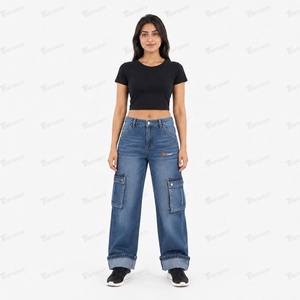 <b>Women</b>’s Baggy Denim Cargo <b>Jeans</b> Manufacturer Custom Wide Leg Cargo Pants for <b>Women</b> High Waist Vintage Washed <b>Blue</b> <b>Jeans</b> - Product Image 4