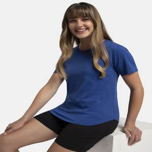 T-shirt décontracté en coton mélangé pour femmes avec col rond bleu demi-manche motif imprimé longueur régulière pour un usage quotidien - Product Image 3