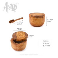 ArtisRaw JC001 Salière en bois avec couvercle et cuillère, fabriquée à la main à partir de bois d'olivier tunisien, boîte à sel, cochon à sel